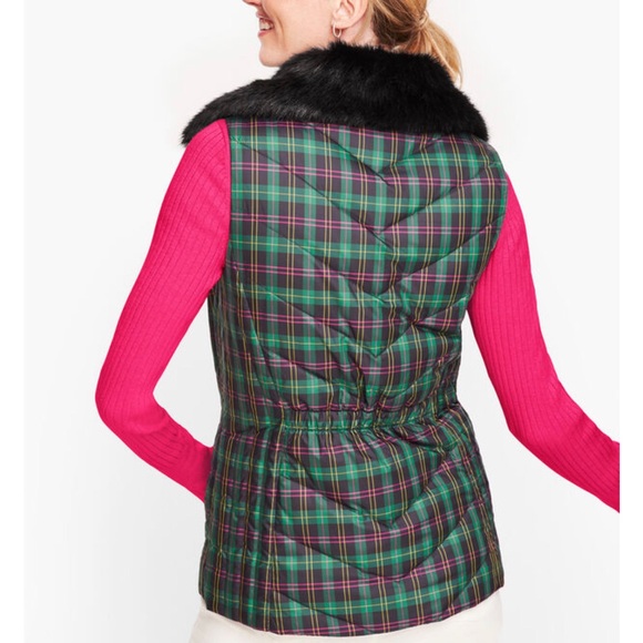 Talbots Down Plaid Women's Vest with Faux Fur Collar Size Large - Picture 2 of 15